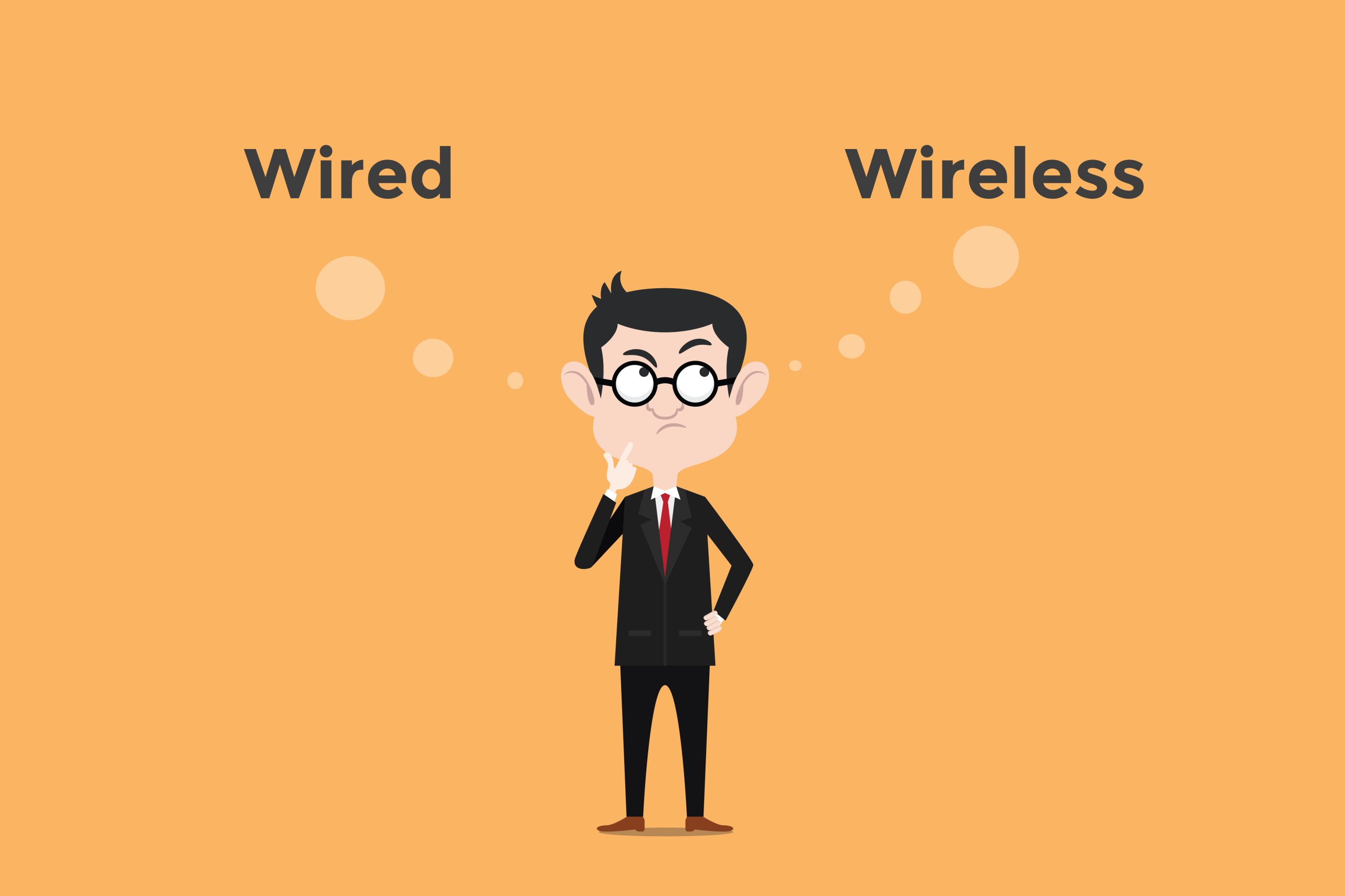 confuse to choose whether using wired vs wireless for internet connection in the office illustration with white bubble text