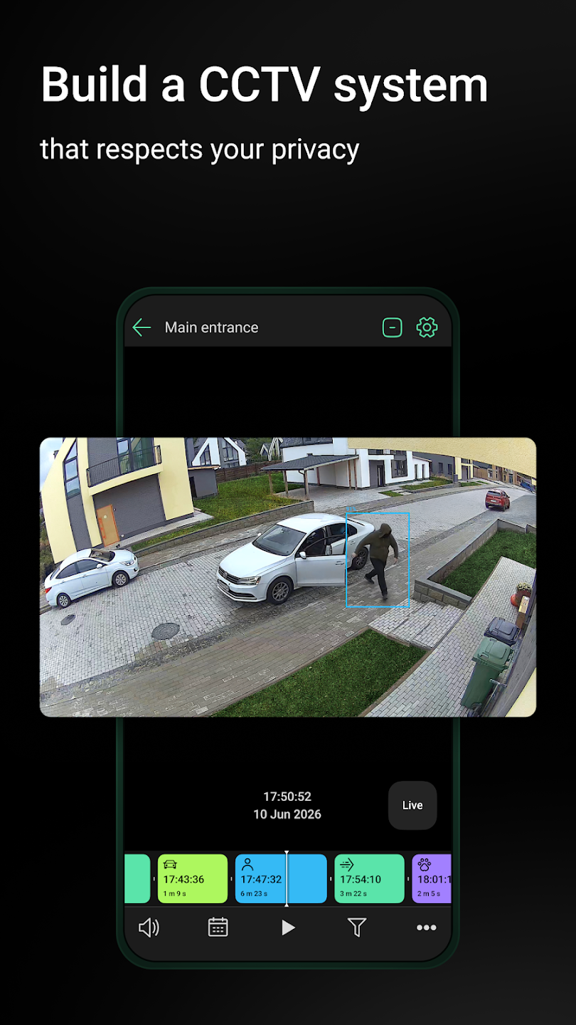 Ajax CCTV app AI event timeline Ajax CCTV app showing live camera view and colour-coded AI event timeline