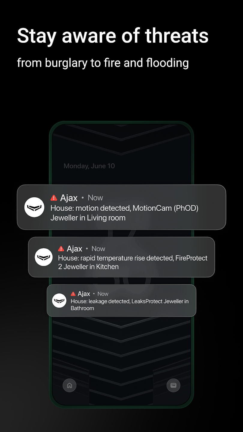 Ajax app alarm fire and flood notifications Ajax app showing motion, fire and water leak notifications