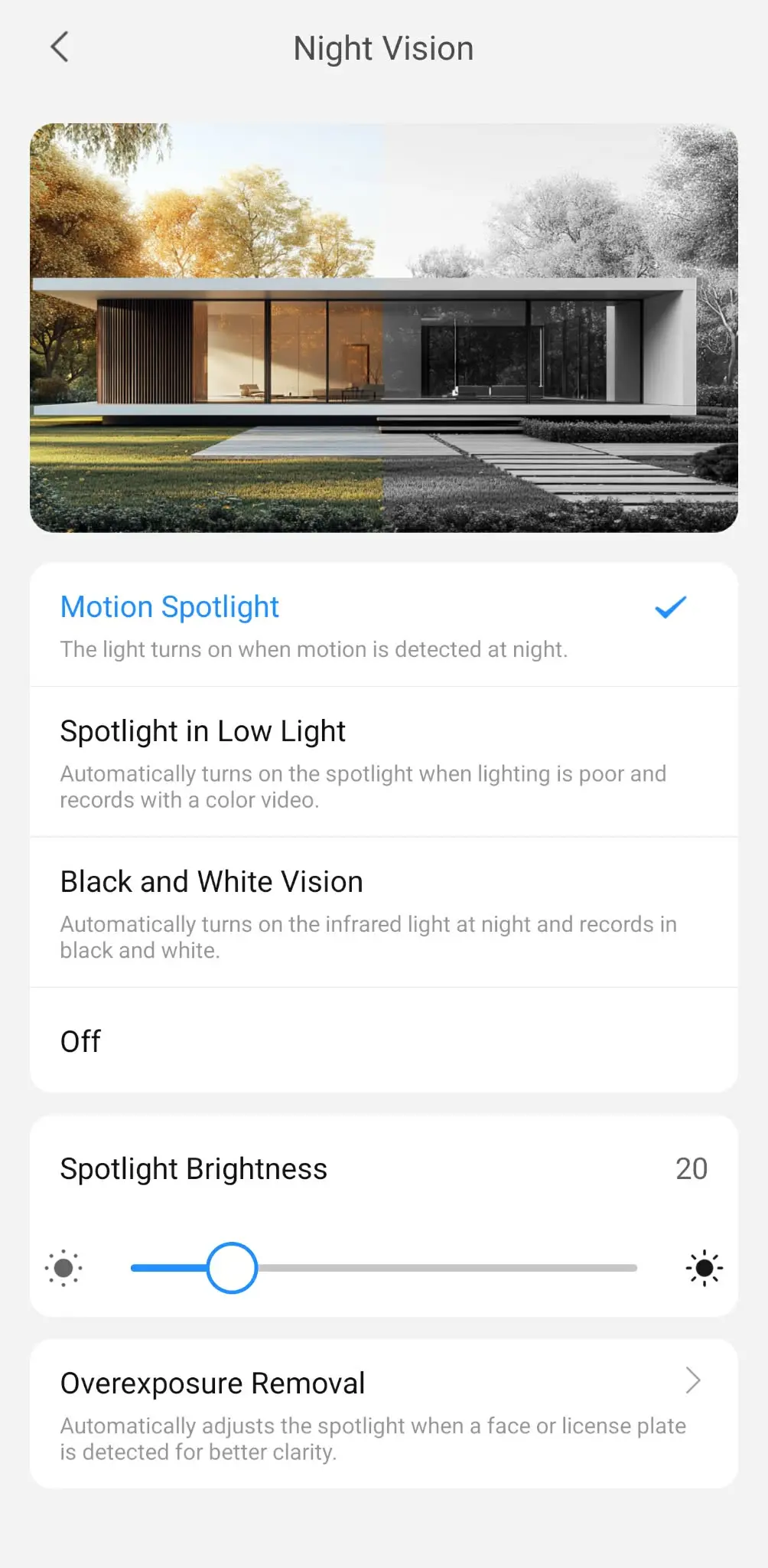 dmss night vision smart illumination settings DMSS Night Vision settings showing Motion Spotlight selected, with spotlight brightness and other illumination options.